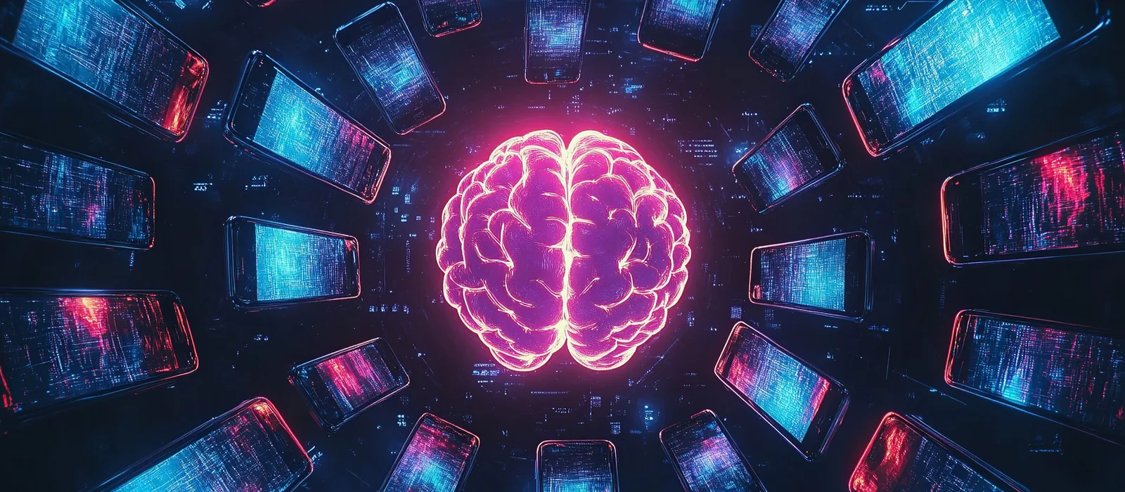 A glowing pink digital brain at the center of a dark scene surrounded by a ring of smartphones displaying blue and red data patterns.