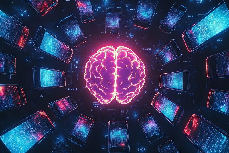 A glowing pink digital brain at the center of a dark scene surrounded by a ring of smartphones displaying blue and red data patterns.