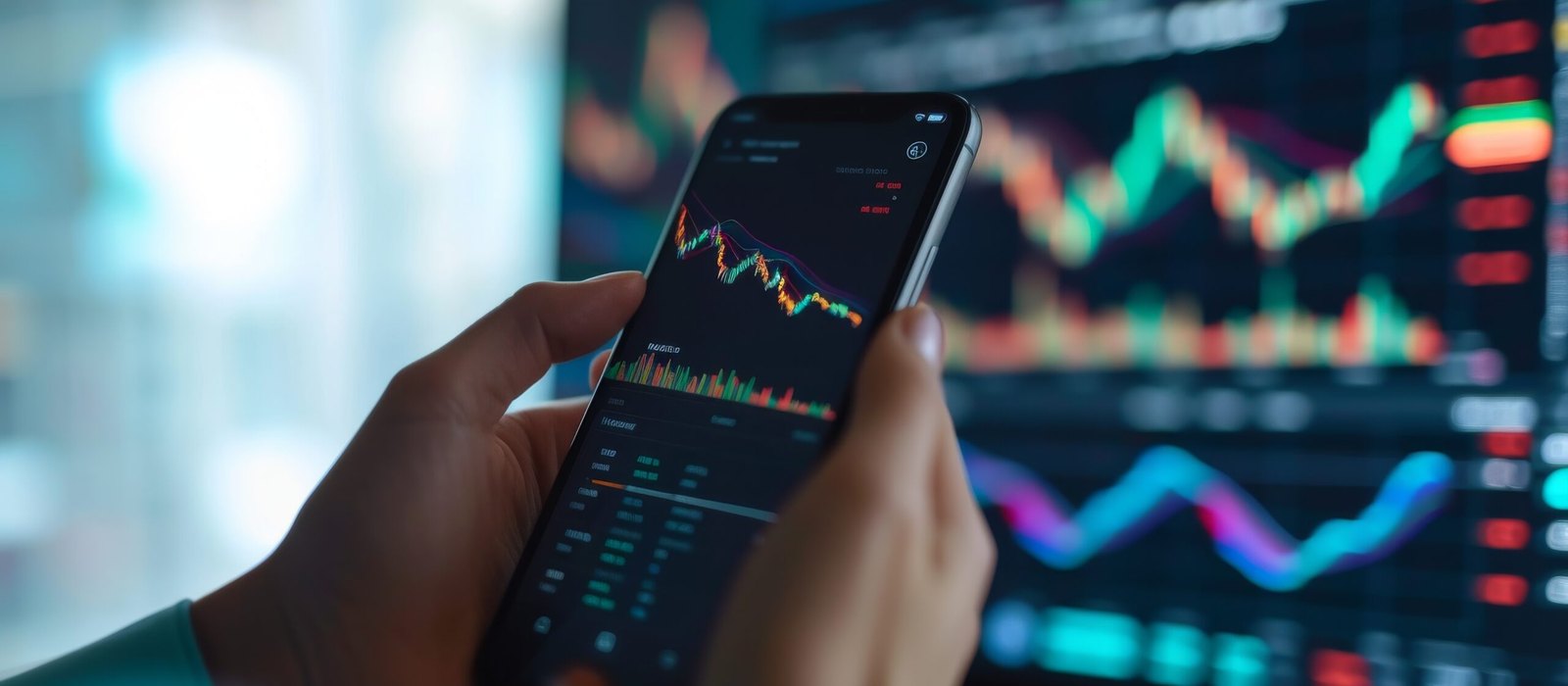A person's hands hold a smartphone displaying colorful candlestick trading charts in front of a blurred monitor showing similar financial graphs.