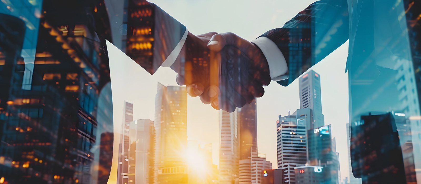 Two people shaking hands, superimposed over a sunlit city skyline.