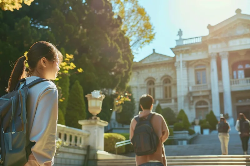 Students wearing backpacks walk up steps toward a large classical stone building with columns on a sunny day.