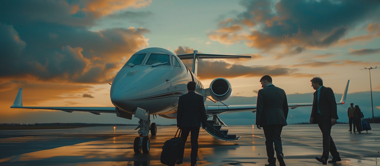 Several people in suits carrying luggage walk across a wet tarmac toward a private jet with its stairs lowered at sunset.