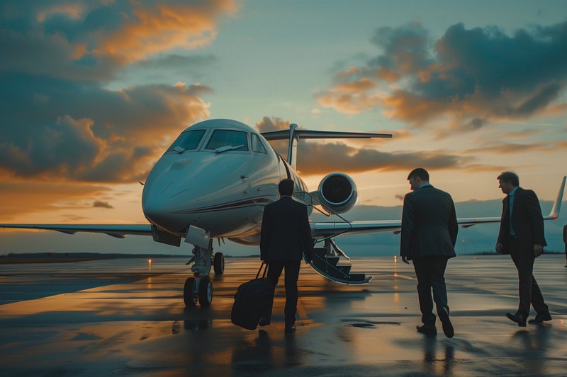 Several people in suits carrying luggage walk across a wet tarmac toward a private jet with its stairs lowered at sunset.