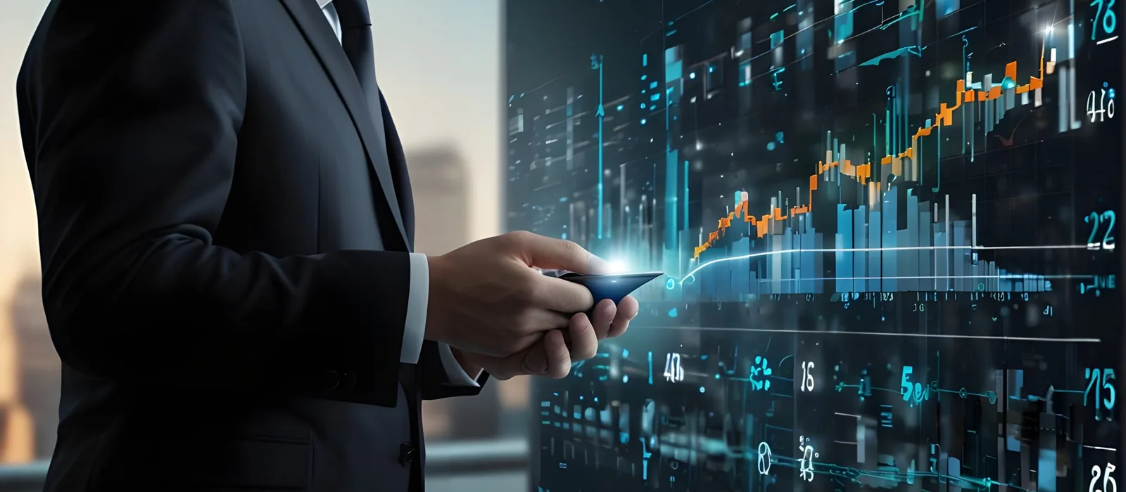 A person in a dark suit holds a smartphone beside a large glowing display of blue and orange charts, graphs and numbers.