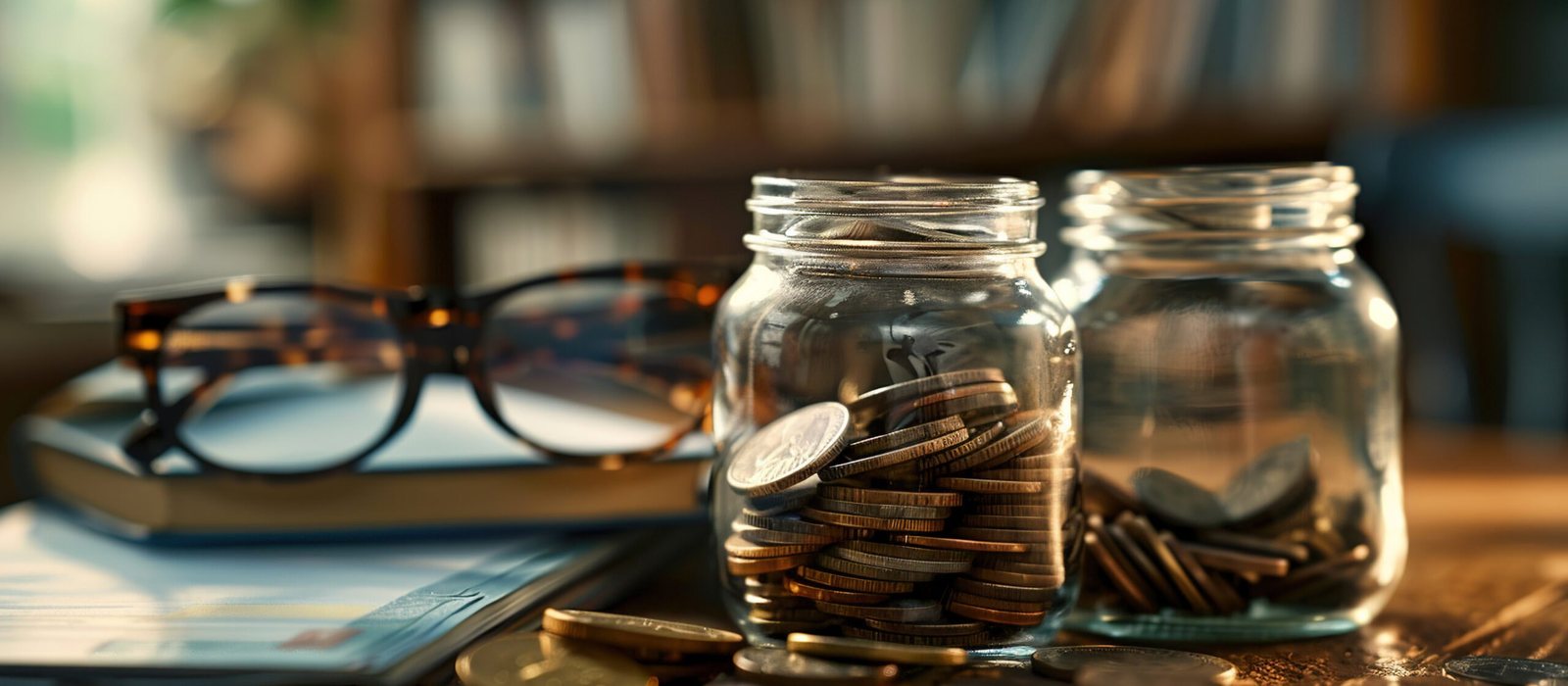 Two glass jars filled with coins on a desk beside reading glasses and stacked coins.