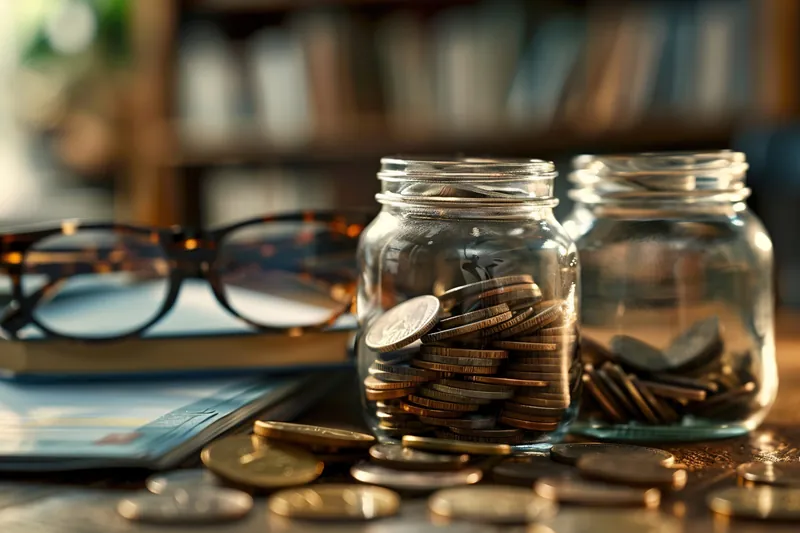 Two glass jars filled with coins on a desk beside reading glasses and stacked coins.