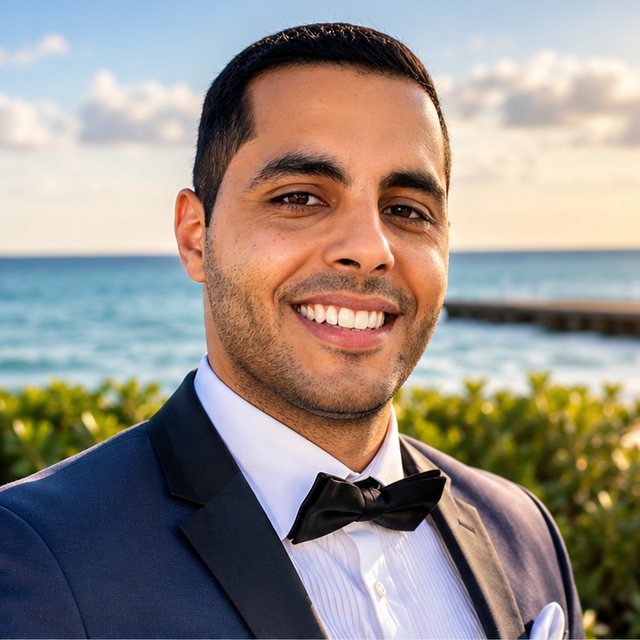 Mark Elbadramany in black tie on the Florida coast at golden hour, with the Atlantic and a pier behind him.