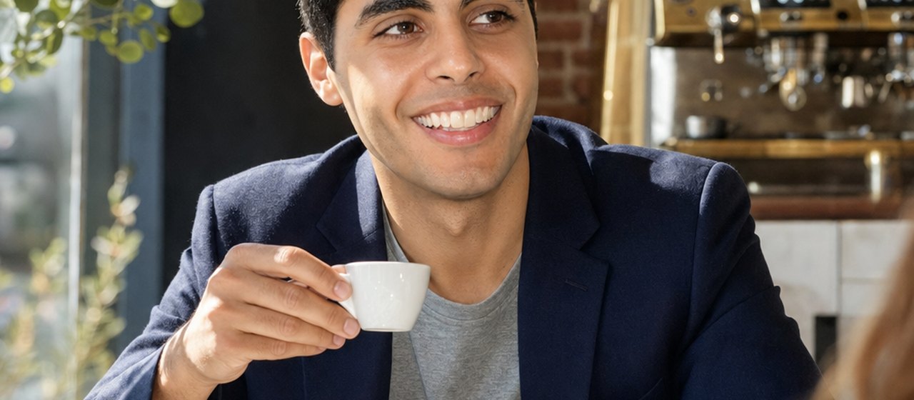 A smiling man in a navy blazer and grey T-shirt holds a small white espresso cup while seated at a marble table in a cafe with an espresso machine and brick wall behind him.